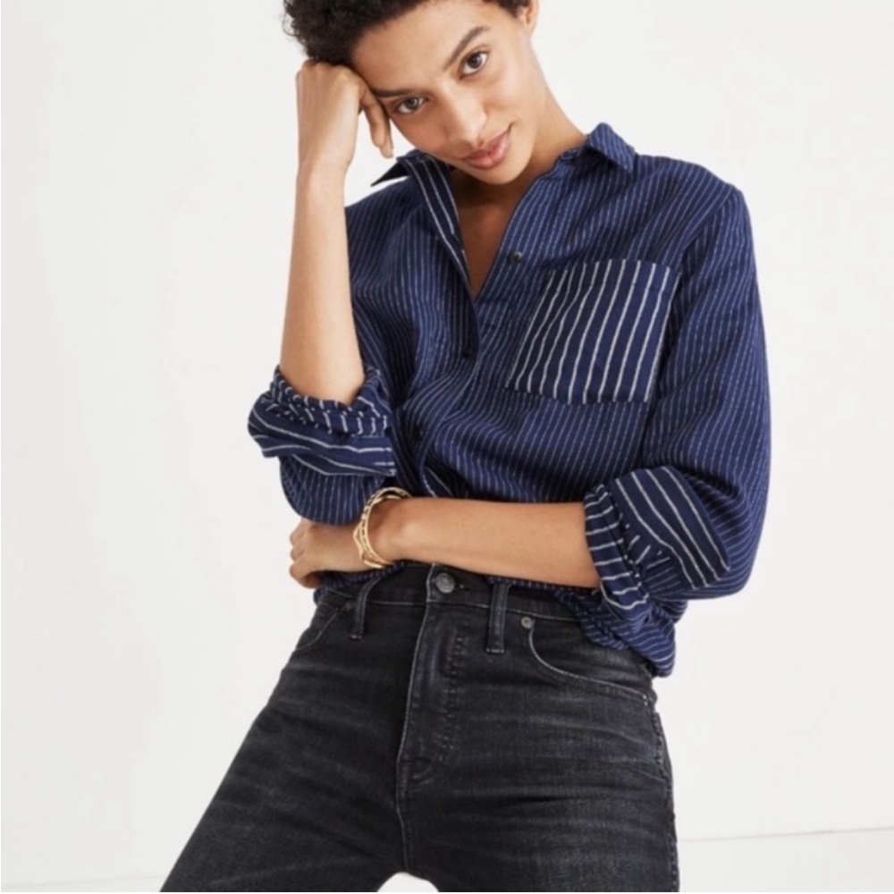 Madewell Classic Ex Boyfriend Button Up Shirt Stripe Mix Navy Blue Large L